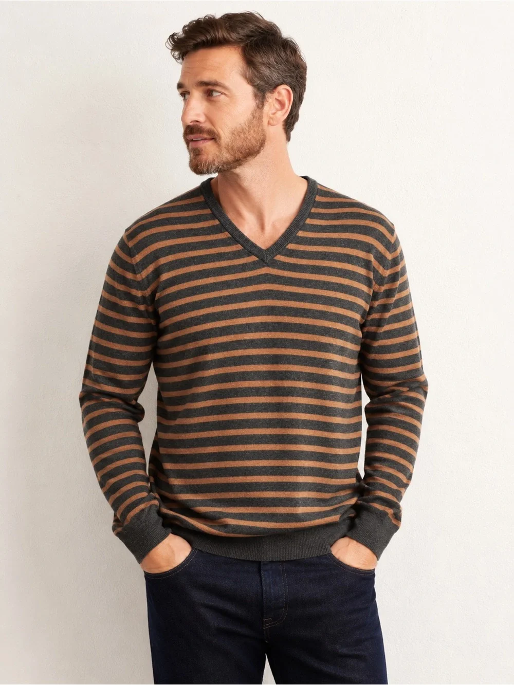 J. Crew 100% wool Men's V-Neck Striped‎ Sweater in Brown and Charcoal XL